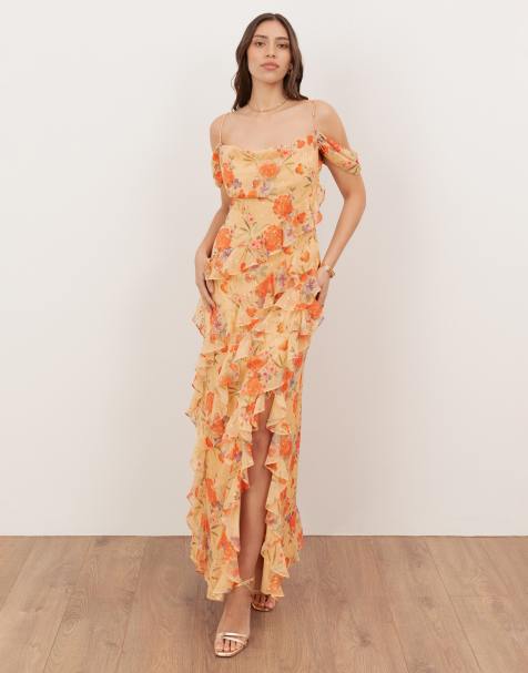 Anaya Floral print cowl neck cold shoulder ruffle maxi dress in multi - view 1