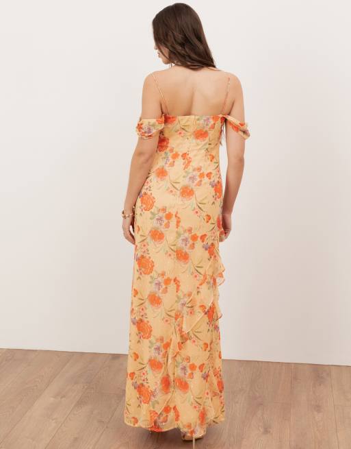 Anaya Floral print cowl neck cold shoulder ruffle maxi dress in multi, 3 of 4