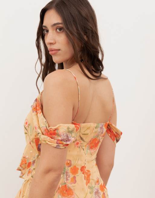 Anaya Floral print cowl neck cold shoulder ruffle maxi dress in multi, 4 of 4