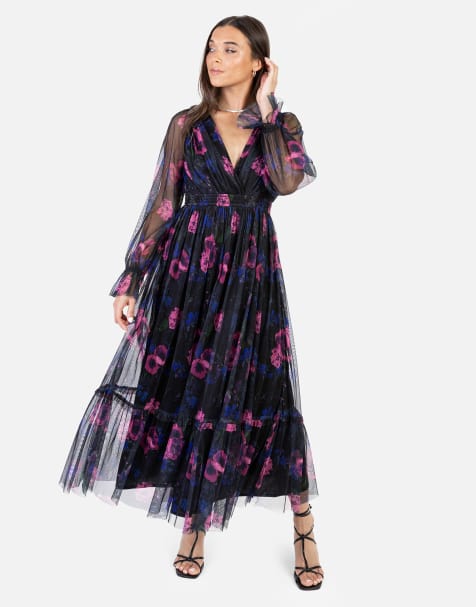 Anaya Floral print faux wrap long sleeve midaxi dress in multi