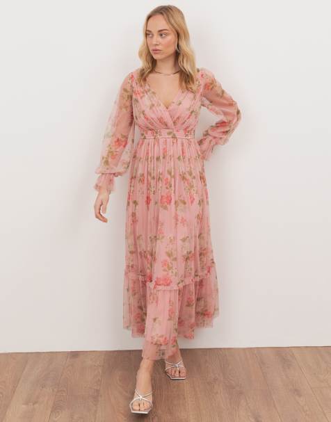 Anaya Floral print faux wrap long sleeve midaxi dress in pink - view 1
