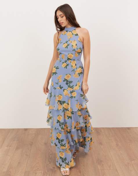Anaya Floral print halter neck tiered maxi dress in blue
