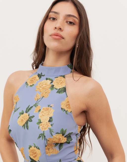 Anaya Floral print halter neck tiered maxi dress in blue, 2 of 4