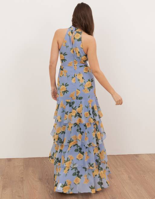 Anaya Floral print halter neck tiered maxi dress in blue, 3 of 4
