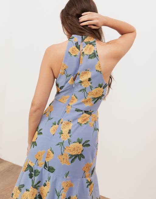 Anaya Floral print halter neck tiered maxi dress in blue, 4 of 4