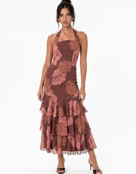 Anaya Floral print halter neck tiered midaxi dress in multi