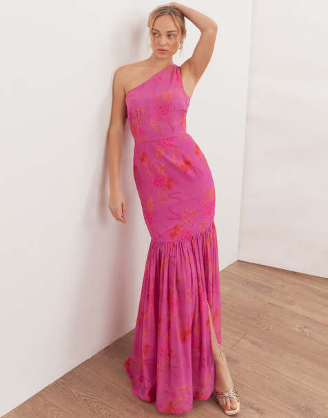 Anaya Floral print one shoulder maxi dress in hot pink - view 1