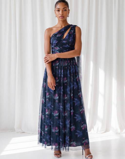 Anaya Floral print one shoulder maxi dress in navy, 6 of 7