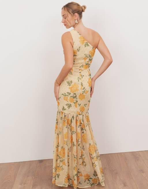 Anaya Floral print one shoulder maxi dress in yellow, 3 of 4