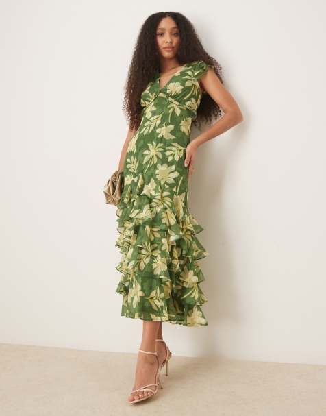 Anaya Floral print ruffle midaxi dress in mid green - view 1