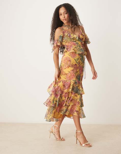 Anaya Floral print ruffle midi skirt in yellow