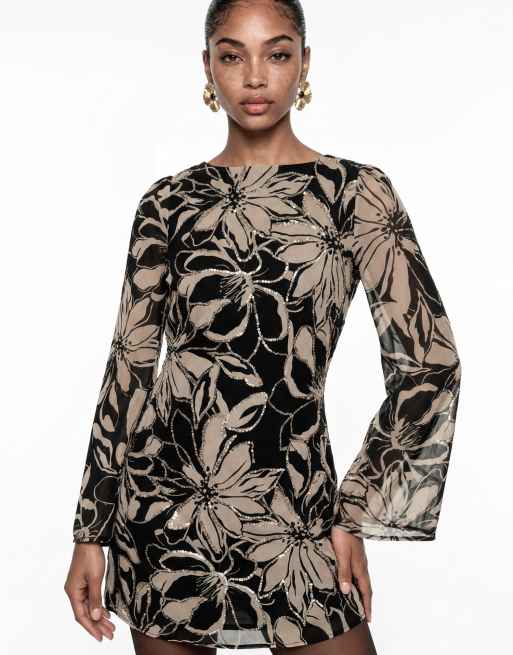 Anaya Floral print sequin cowl back mini dress in black, 3 of 6