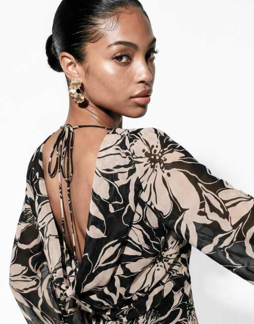 Anaya Floral print sequin cowl back mini dress in black, 4 of 6