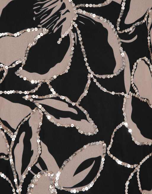 Anaya Floral print sequin cowl back mini dress in black, 5 of 6