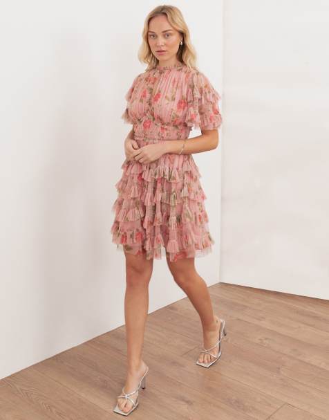 Anaya Floral print short sleeve ruffled mini dress in pink