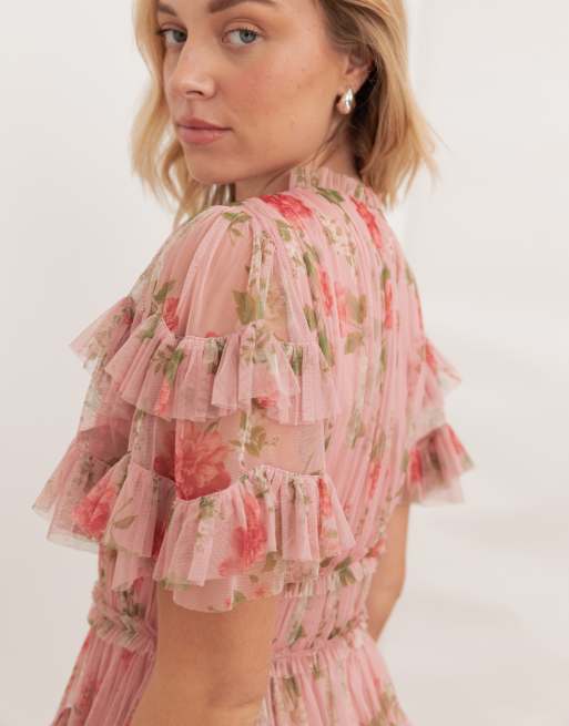 Anaya Floral print short sleeve ruffled mini dress in pink, 3 of 4
