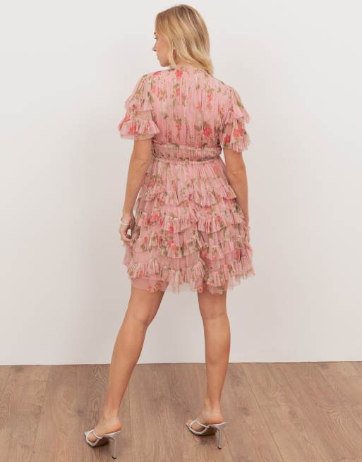 Anaya Floral print short sleeve ruffled mini dress in pink, 4 of 4