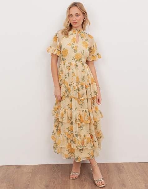 Anaya Floral print short sleeve tiered midaxi dress in yellow