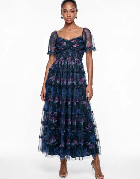 Anaya Floral print square neck ruffle midaxi dress in navy - view 1