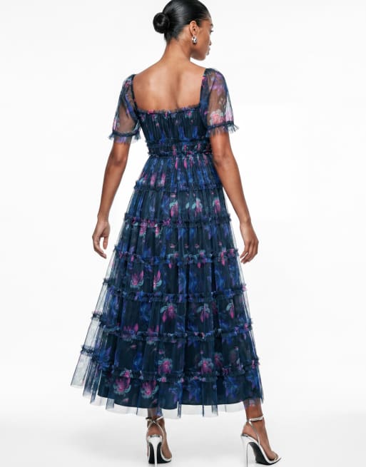 Anaya Floral print square neck ruffle midaxi dress in navy, 2 of 6
