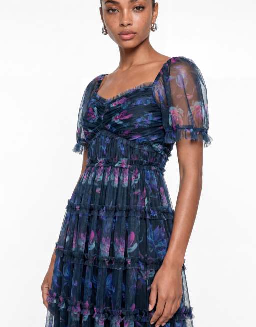 Anaya Floral print square neck ruffle midaxi dress in navy, 3 of 6
