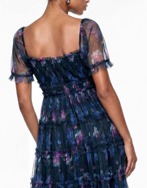Anaya Floral print square neck ruffle midaxi dress in navy, 4 of 6