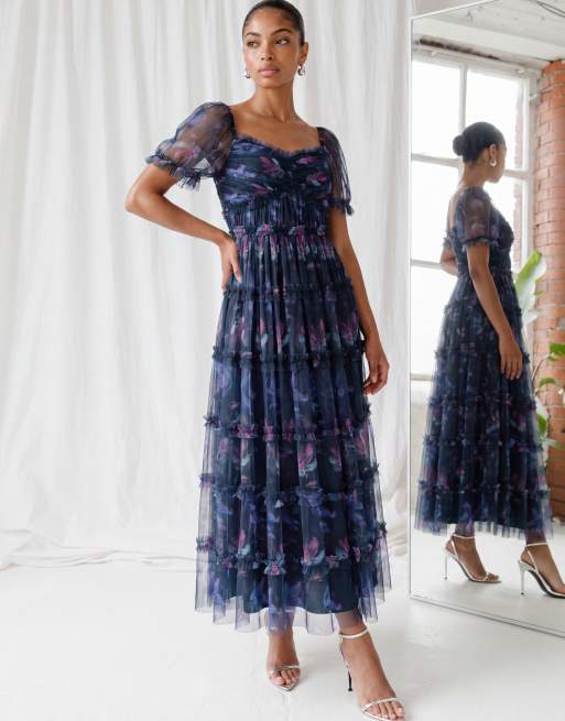 Anaya Floral print square neck ruffle midaxi dress in navy, 6 of 6