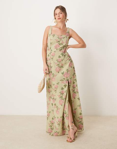 Anaya Floral print strappy maxi bridesmaid dress in spring green - view 1