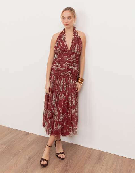 Anaya Floral ruched halter neck midaxi dress in rust - view 1