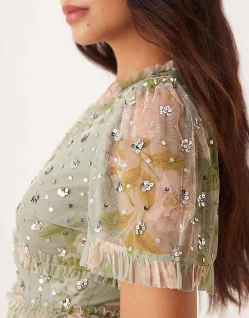 Anaya Floral & sequin maxi dress in sage green
