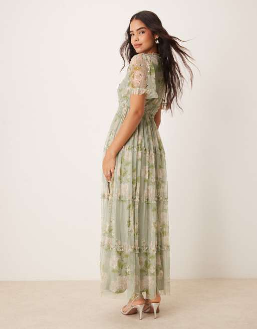 Anaya Floral & sequin maxi dress in sage green