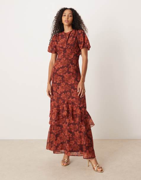 Anaya Floral short sleeve maxi dress in rust