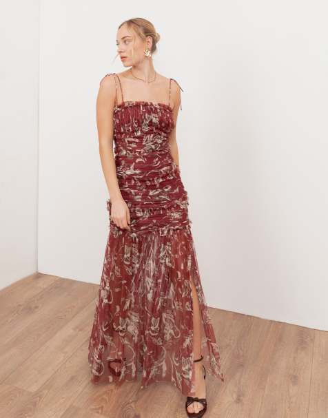 Anaya Floral square neck ruched maxi dress in rust
