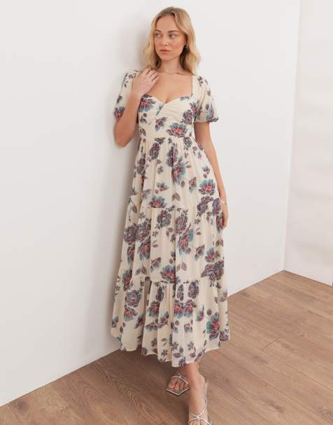 Anaya Floral sweetheart neck puff sleeve midaxi dress in multi