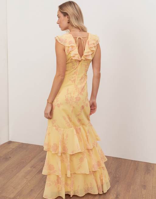 Anaya Floral v neck ruffle maxi dress in yellow, 3 of 4