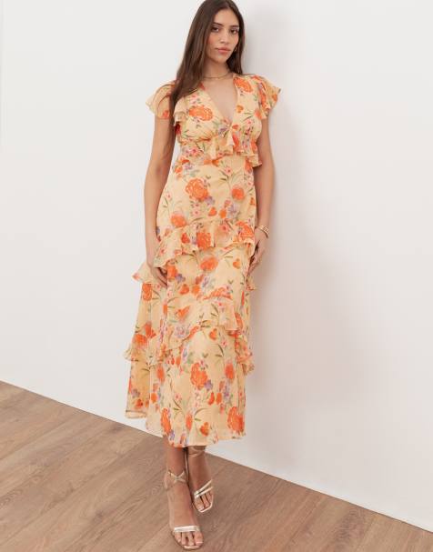 Anaya Floral v neck ruffle midi dress in multi - view 1