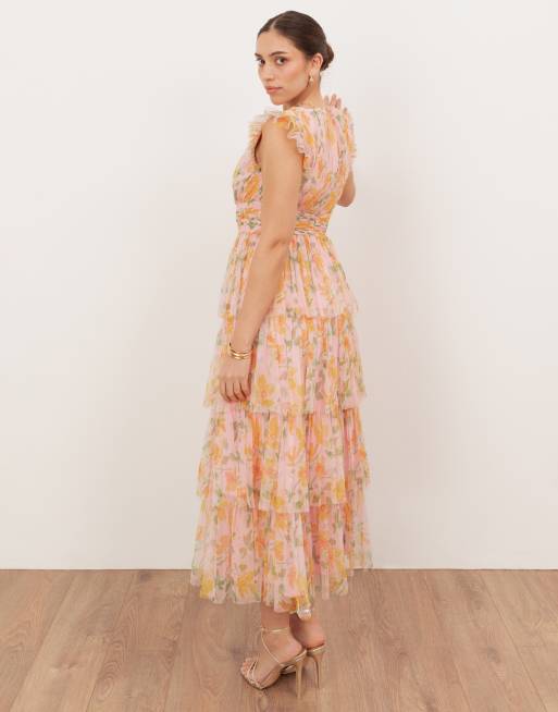 Anaya Floral v neck tiered midaxi dress in multi, 3 of 4