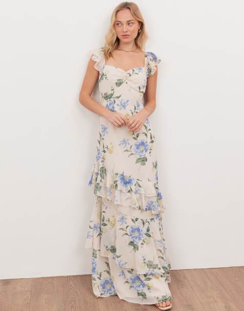 Anaya Flutter sleeve asymmetric ruffle maxi dress in multi