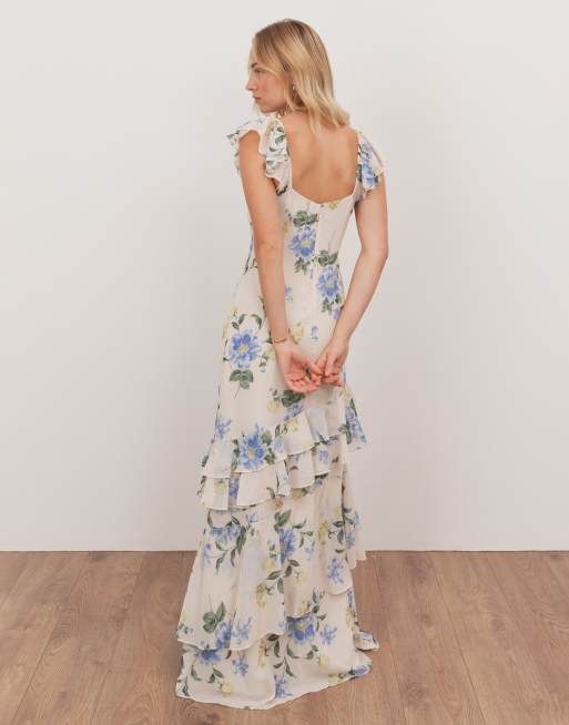 Anaya Flutter sleeve asymmetric ruffle maxi dress in multi, 4 of 4