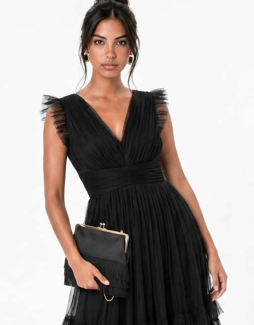 Anaya Flutter sleeve ruffle maxi dress in black, 3 of 6