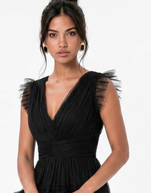 Anaya Flutter sleeve ruffle maxi dress in black, 4 of 6
