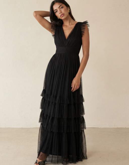 Anaya Flutter sleeve ruffle maxi dress in black, 5 of 6