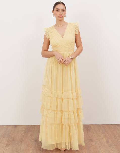 Anaya Flutter sleeve ruffle maxi dress in butter yellow