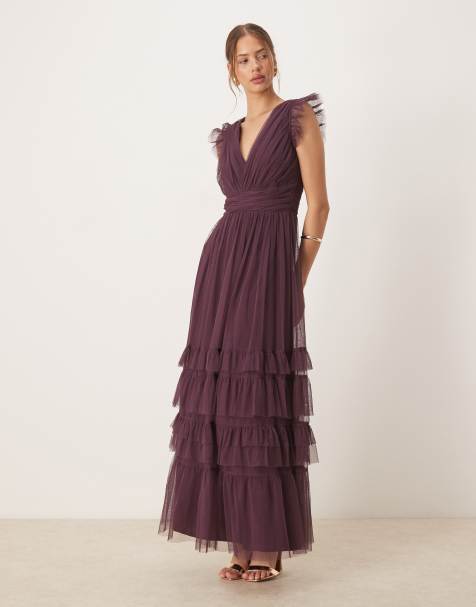 Anaya Flutter sleeve ruffle maxi dress in fig