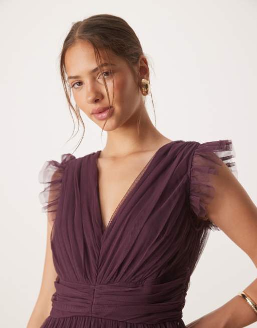 Anaya Flutter sleeve ruffle maxi dress in fig, 3 of 4