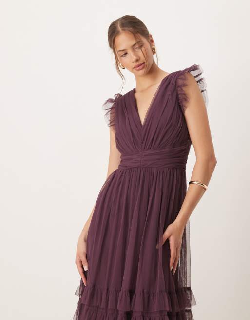 Anaya Flutter sleeve ruffle maxi dress in fig, 4 of 4