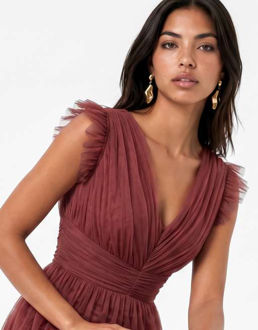 Anaya Flutter sleeve ruffle maxi dress in rusted rose, 4 of 6