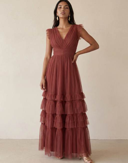 Anaya Flutter sleeve ruffle maxi dress in rusted rose, 5 of 6