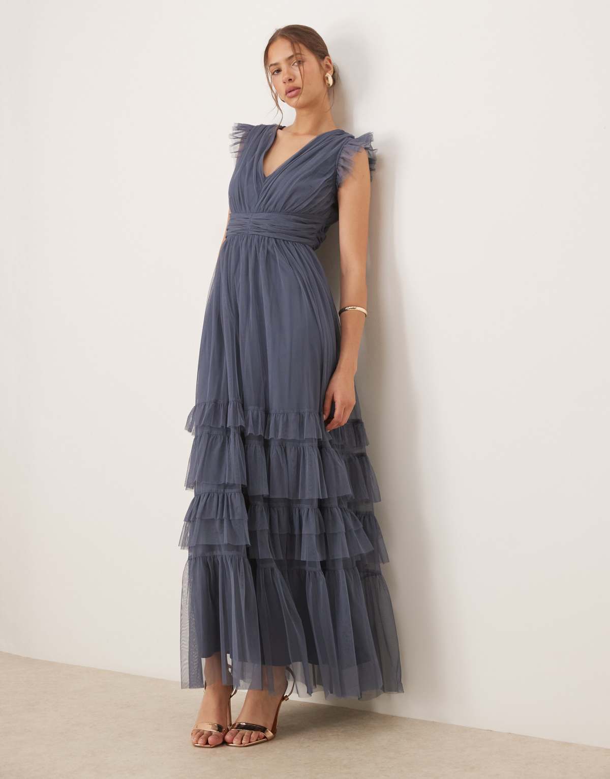 Anaya Flutter sleeve ruffle maxi dress in vintage indigo