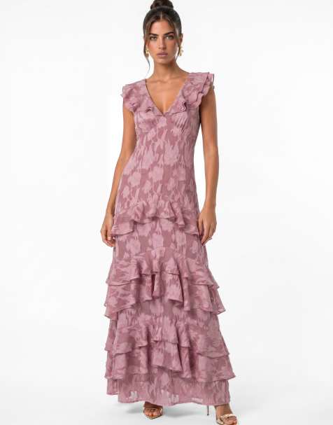 Anaya Flutter sleeve v neck tiered maxi dress in twilight mauve